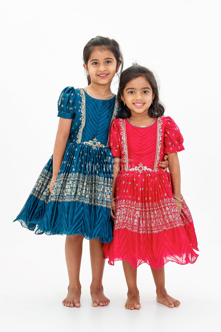 The Nesavu Silk Party Frock Girls Silk Ke Frock with Gold Embroidered Borders and Puff Sleeves for a Regal Look Nesavu Nesavu Girls Silk Ke Frock Gold Embroidered Borders Puff Sleeves
