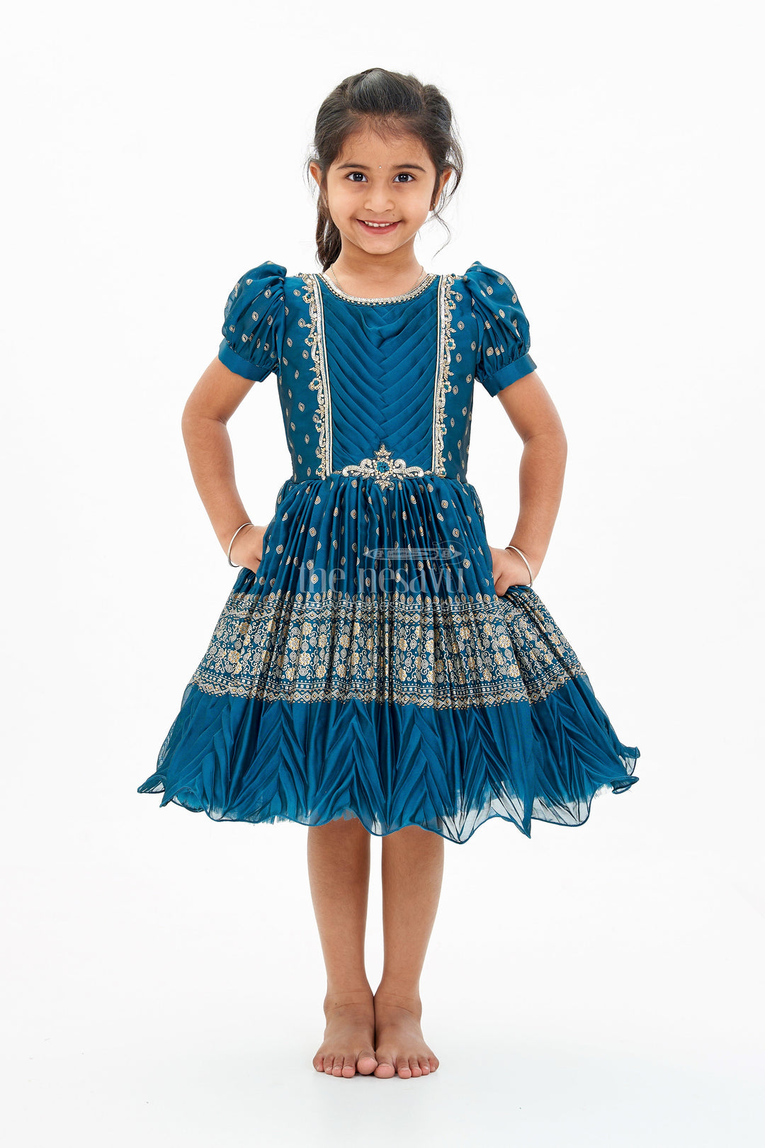 The Nesavu Silk Party Frock Girls Silk Ke Frock with Gold Embroidered Borders and Puff Sleeves for a Regal Look Nesavu Nesavu Girls Silk Ke Frock Gold Embroidered Borders Puff Sleeves
