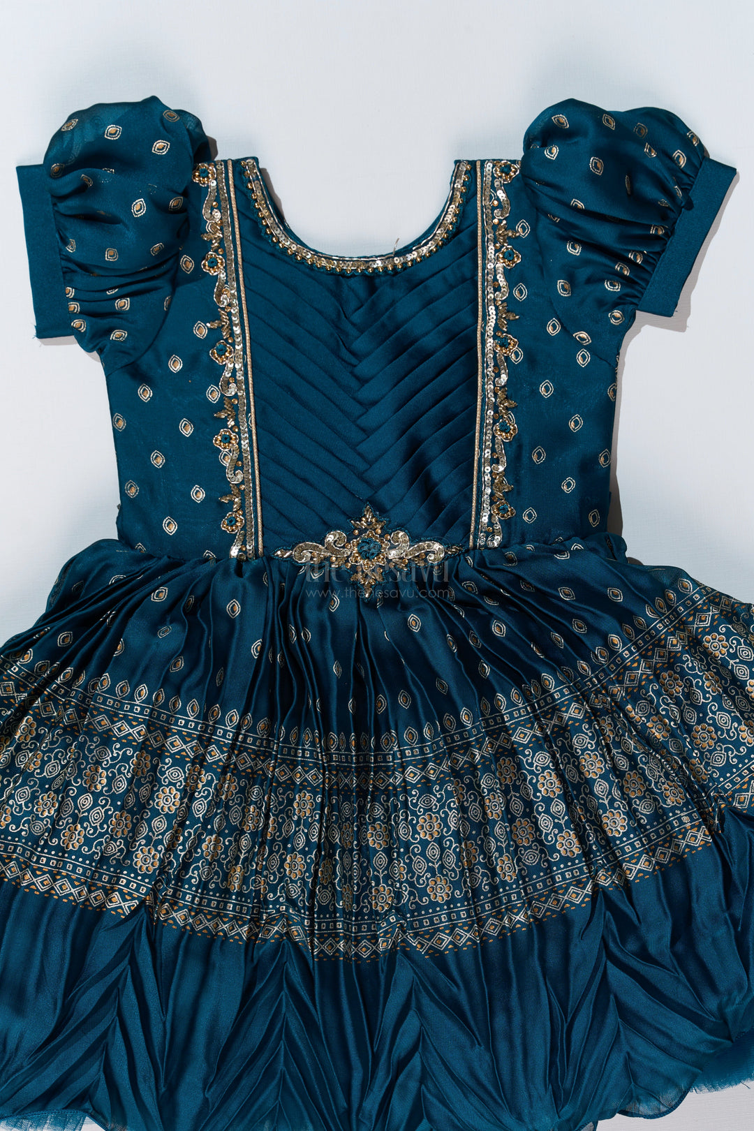 The Nesavu Silk Party Frock Girls Silk Ke Frock with Gold Embroidered Borders and Puff Sleeves for a Regal Look Nesavu Nesavu Girls Silk Ke Frock Gold Embroidered Borders Puff Sleeves