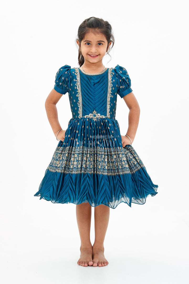 The Nesavu Silk Party Frock Girls Silk Ke Frock with Gold Embroidered Borders and Puff Sleeves for a Regal Look Nesavu Nesavu Girls Silk Ke Frock Gold Embroidered Borders Puff Sleeves