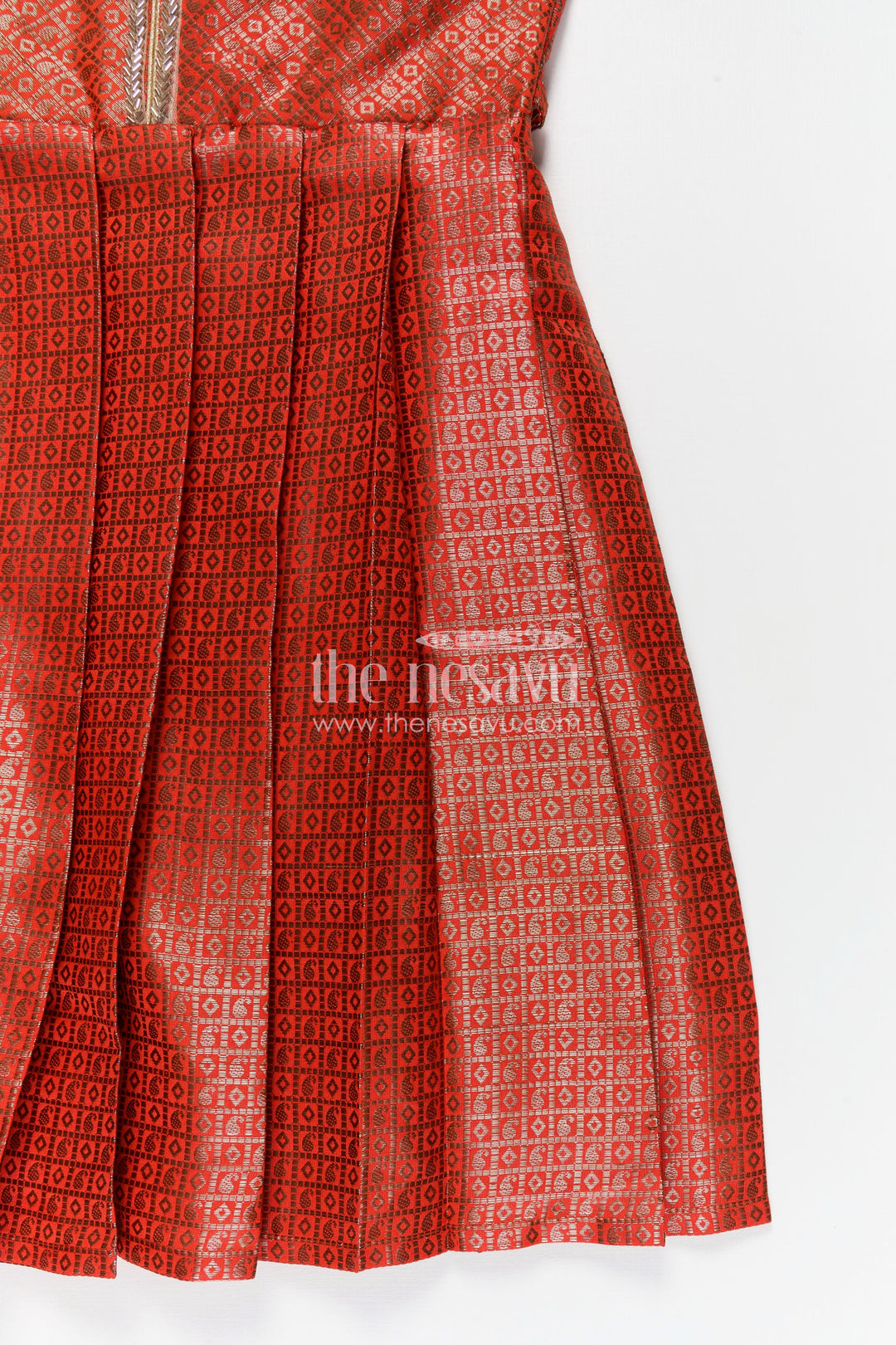 The Nesavu Silk Frock Girls Silk Long Frock Design in Semi Banaras Silk with Rust Orange Zari Brocade and Elegant Pleats Nesavu Nesavu Girls Rust Orange Silk Long Frock Design Semi Banaras Silk Brocade Zari Pleated Skirt