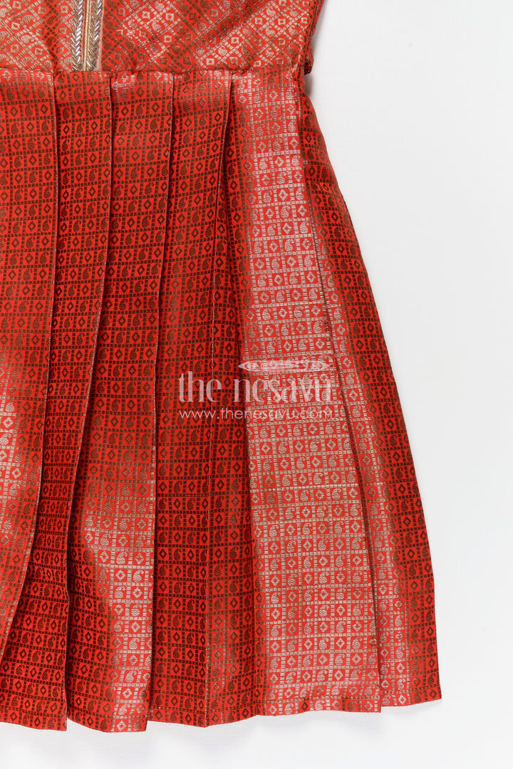 The Nesavu Silk Frock Girls Silk Long Frock Design in Semi Banaras Silk with Rust Orange Zari Brocade and Elegant Pleats Nesavu Nesavu Girls Rust Orange Silk Long Frock Design Semi Banaras Silk Brocade Zari Pleated Skirt