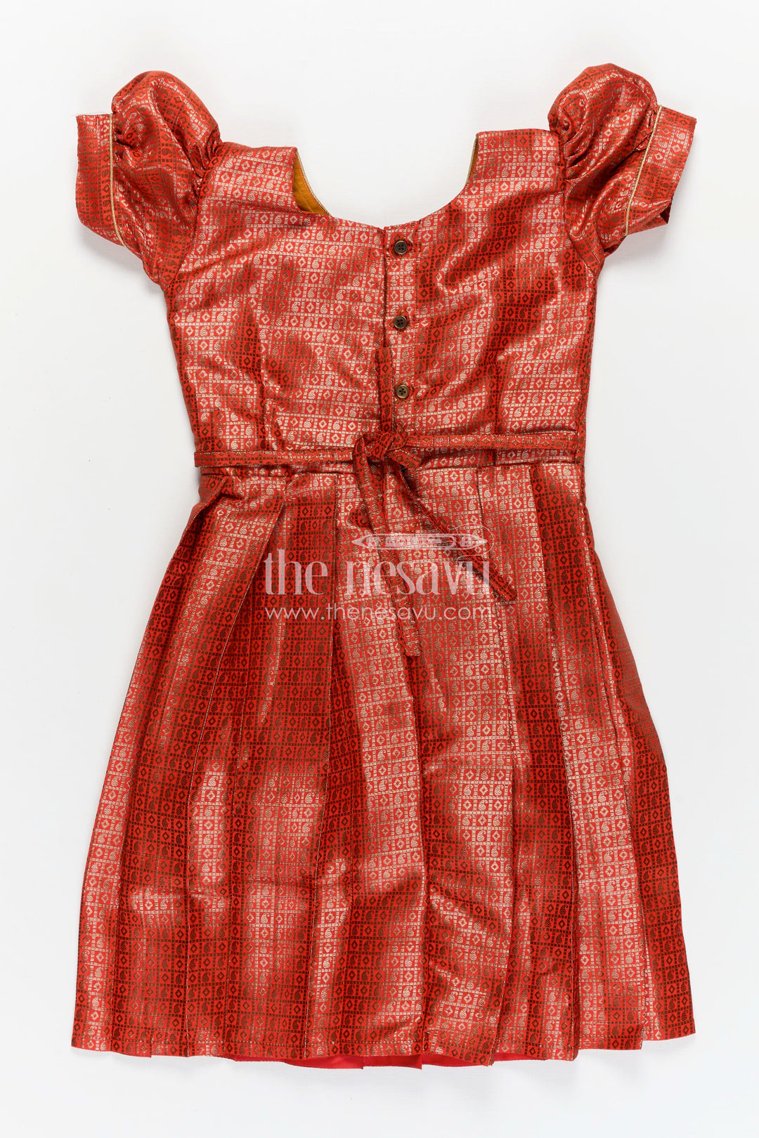 The Nesavu Silk Frock Girls Silk Long Frock Design in Semi Banaras Silk with Rust Orange Zari Brocade and Elegant Pleats Nesavu Nesavu Girls Rust Orange Silk Long Frock Design Semi Banaras Silk Brocade Zari Pleated Skirt