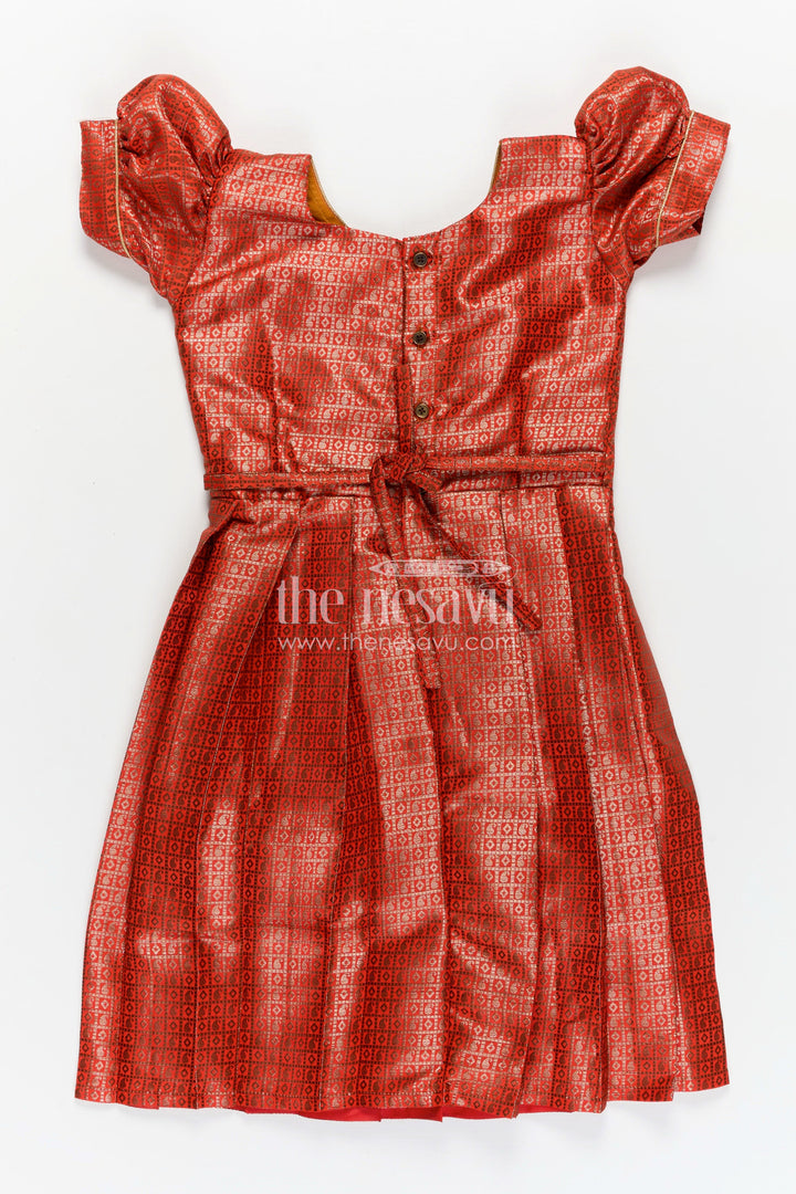 The Nesavu Silk Frock Girls Silk Long Frock Design in Semi Banaras Silk with Rust Orange Zari Brocade and Elegant Pleats Nesavu Nesavu Girls Rust Orange Silk Long Frock Design Semi Banaras Silk Brocade Zari Pleated Skirt
