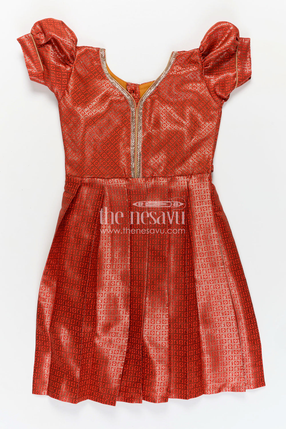 The Nesavu Silk Frock Girls Silk Long Frock Design in Semi Banaras Silk with Rust Orange Zari Brocade and Elegant Pleats Nesavu Nesavu Girls Rust Orange Silk Long Frock Design Semi Banaras Silk Brocade Zari Pleated Skirt