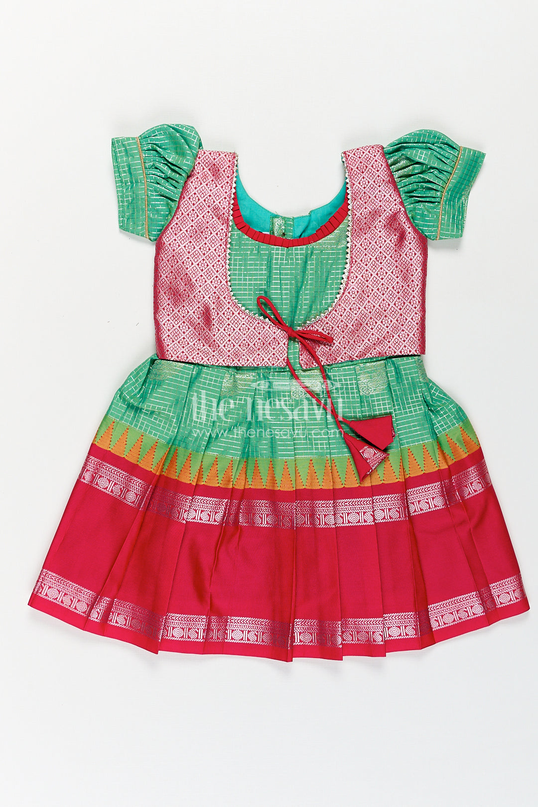 The Nesavu Silk Frock Girls Silk Material Frock Design in Semi Kanchivaram with Green Pleated Skirt and Pink Brocade Yoke Nesavu 14 (6M) / Green / Style 1 SF857BA-14 Nesavu Girls Semi Kanchivaram Silk Material Frock Design Green Body Pink Brocade Yoke Detailing