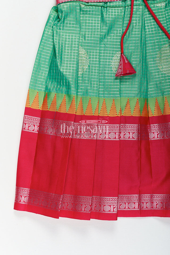The Nesavu Silk Frock Girls Silk Material Frock Design in Semi Kanchivaram with Green Pleated Skirt and Pink Brocade Yoke Nesavu Nesavu Girls Semi Kanchivaram Silk Material Frock Design Green Body Pink Brocade Yoke Detailing