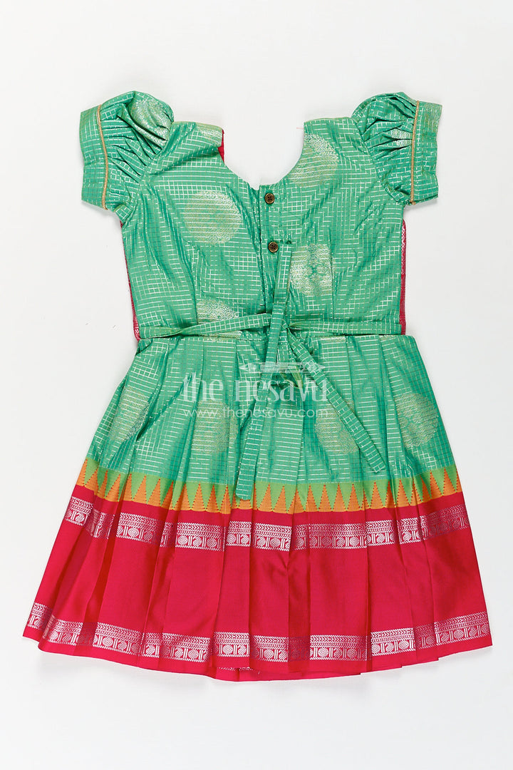 The Nesavu Silk Frock Girls Silk Material Frock Design in Semi Kanchivaram with Green Pleated Skirt and Pink Brocade Yoke Nesavu Nesavu Girls Semi Kanchivaram Silk Material Frock Design Green Body Pink Brocade Yoke Detailing