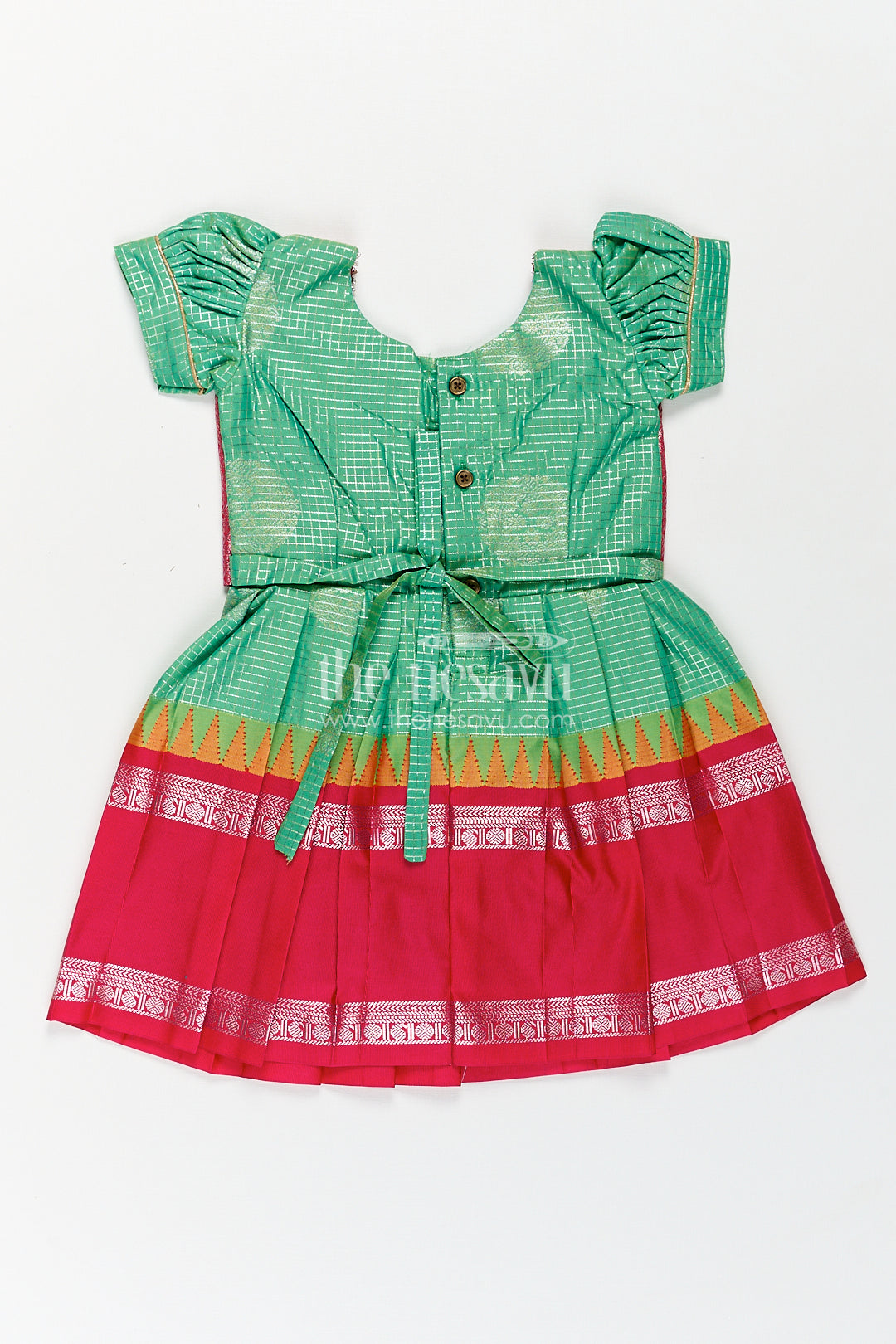 The Nesavu Silk Frock Girls Silk Material Frock Design in Semi Kanchivaram with Green Pleated Skirt and Pink Brocade Yoke Nesavu Nesavu Girls Semi Kanchivaram Silk Material Frock Design Green Body Pink Brocade Yoke Detailing