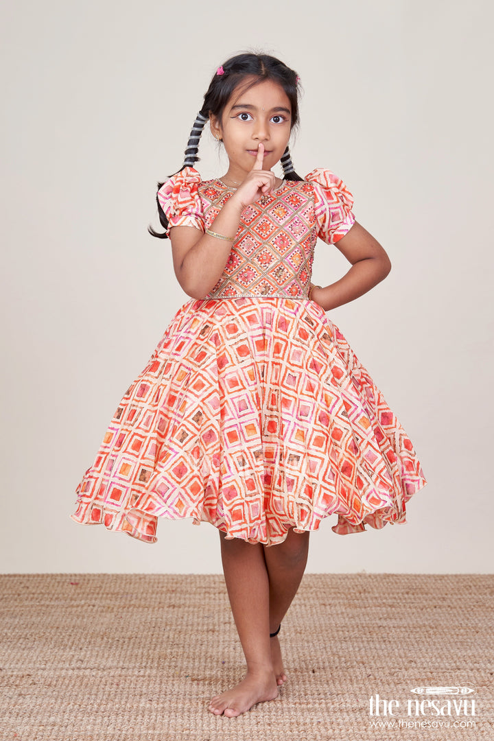 The Nesavu Silk Party Frock Girls Silk Party Frock with Beads and Digital Print Design Nesavu Nesavu silk party frock girls beads digital print