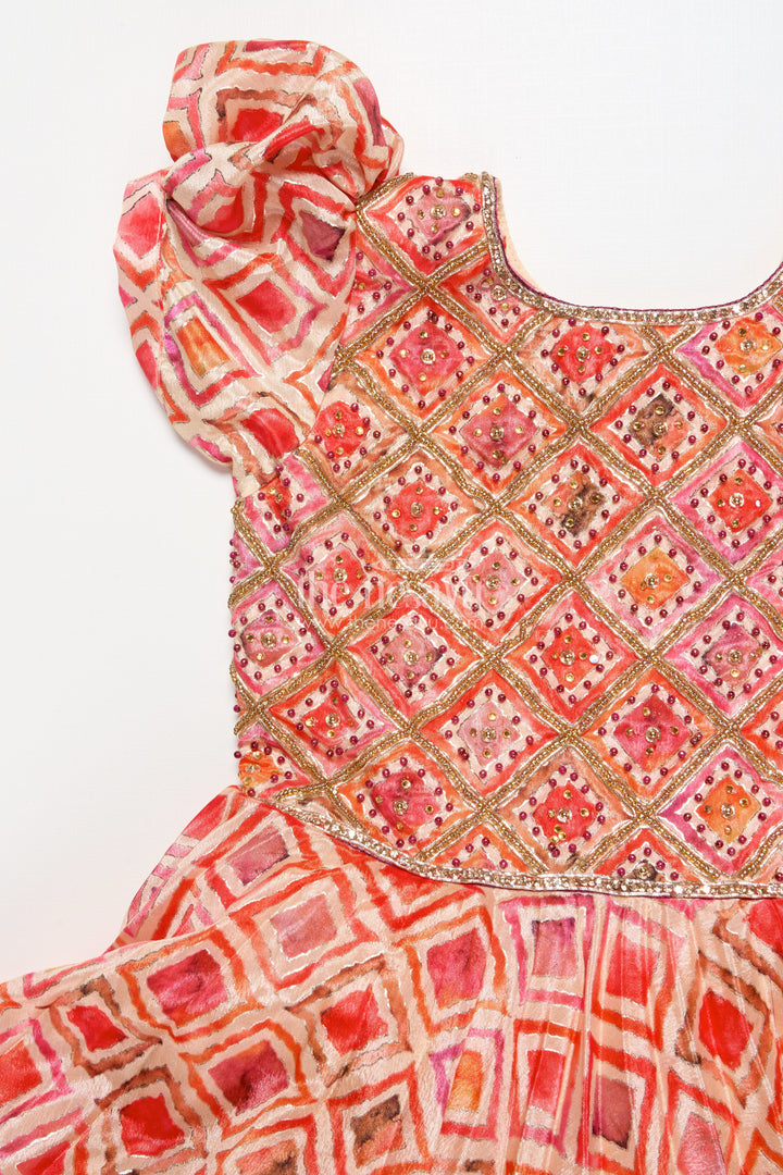 The Nesavu Silk Party Frock Girls Silk Party Frock with Beads and Digital Print Design Nesavu Nesavu silk party frock girls beads digital print