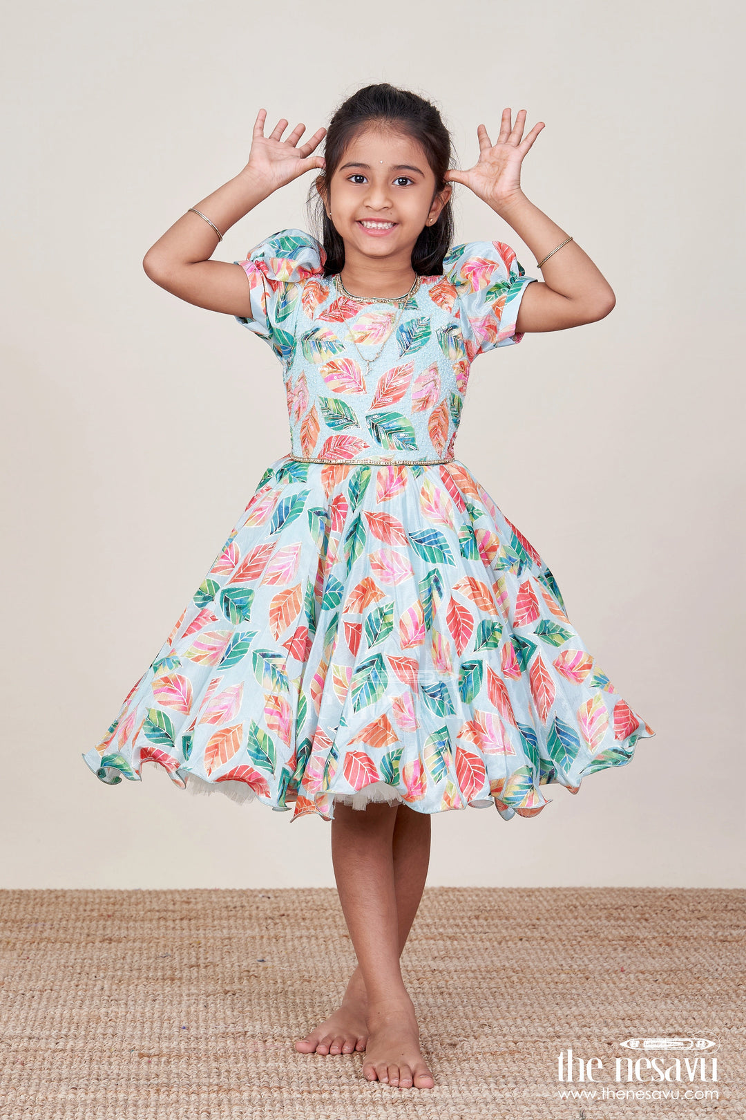 The Nesavu Silk Party Frock Girls Silk Party Frock with Beads and Leafy Digital Print Nesavu Nesavu girls silk party frock leafy digital print beads
