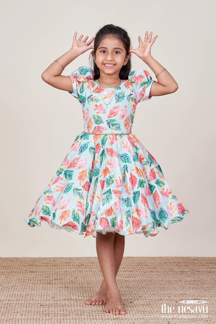 The Nesavu Silk Party Frock Girls Silk Party Frock with Beads and Leafy Digital Print Nesavu Nesavu girls silk party frock leafy digital print beads