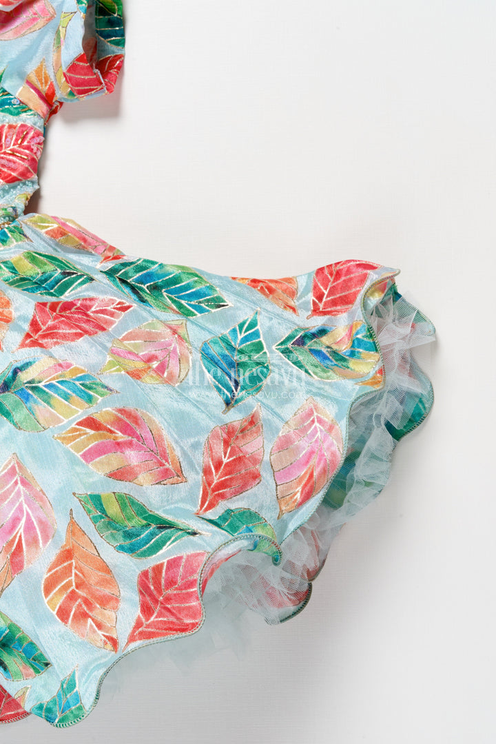 The Nesavu Silk Party Frock Girls Silk Party Frock with Beads and Leafy Digital Print Nesavu Nesavu girls silk party frock leafy digital print beads