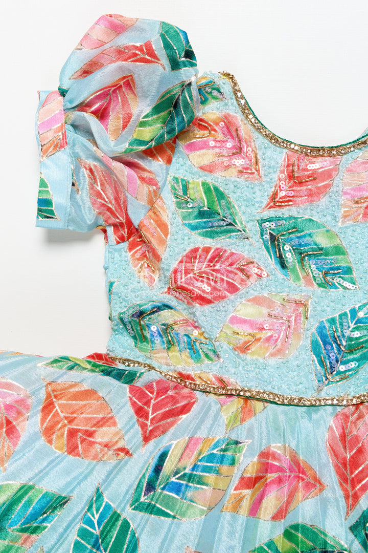 The Nesavu Silk Party Frock Girls Silk Party Frock with Beads and Leafy Digital Print Nesavu Nesavu girls silk party frock leafy digital print beads