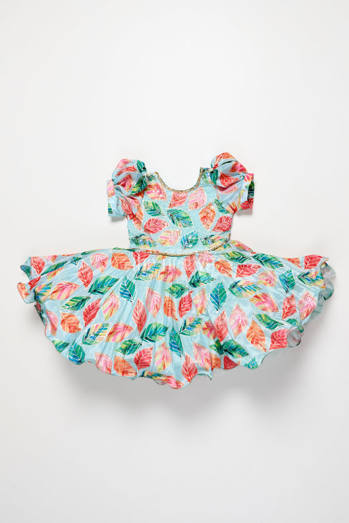 The Nesavu Silk Party Frock Girls Silk Party Frock with Beads and Leafy Digital Print Nesavu Nesavu girls silk party frock leafy digital print beads