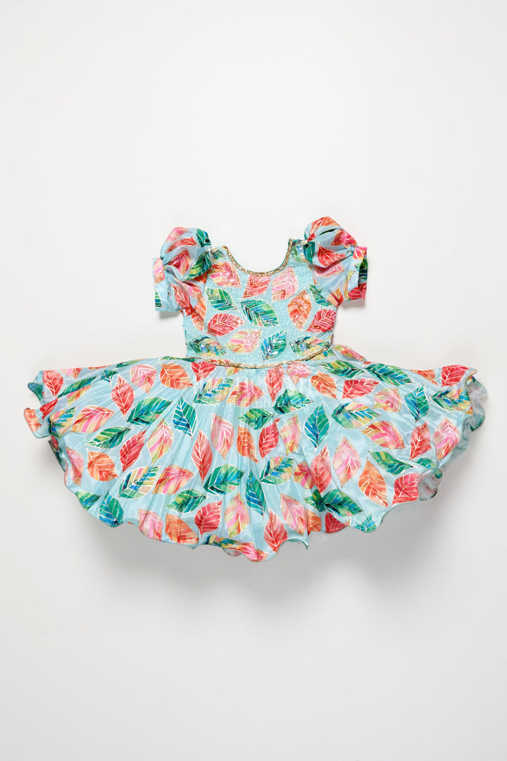 The Nesavu Silk Party Frock Girls Silk Party Frock with Beads and Leafy Digital Print Nesavu Nesavu girls silk party frock leafy digital print beads