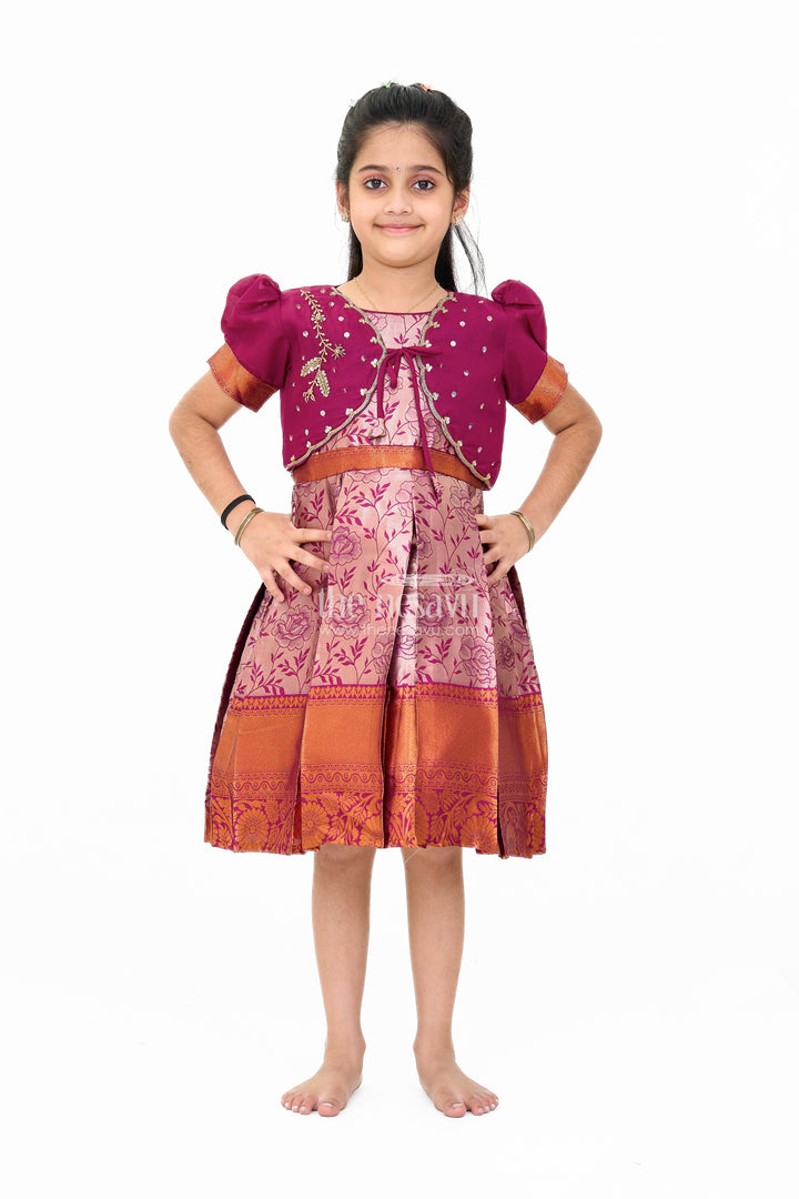 The Nesavu Silk Party Frock Girls Silk Party Frock with Floral Motif and Contrast Shrug for a Regal Look Nesavu 16 (1Y) / Maroon SF956A-16 Girls Frock Model Silk Floral Motif Embellished Shrug Nesavu