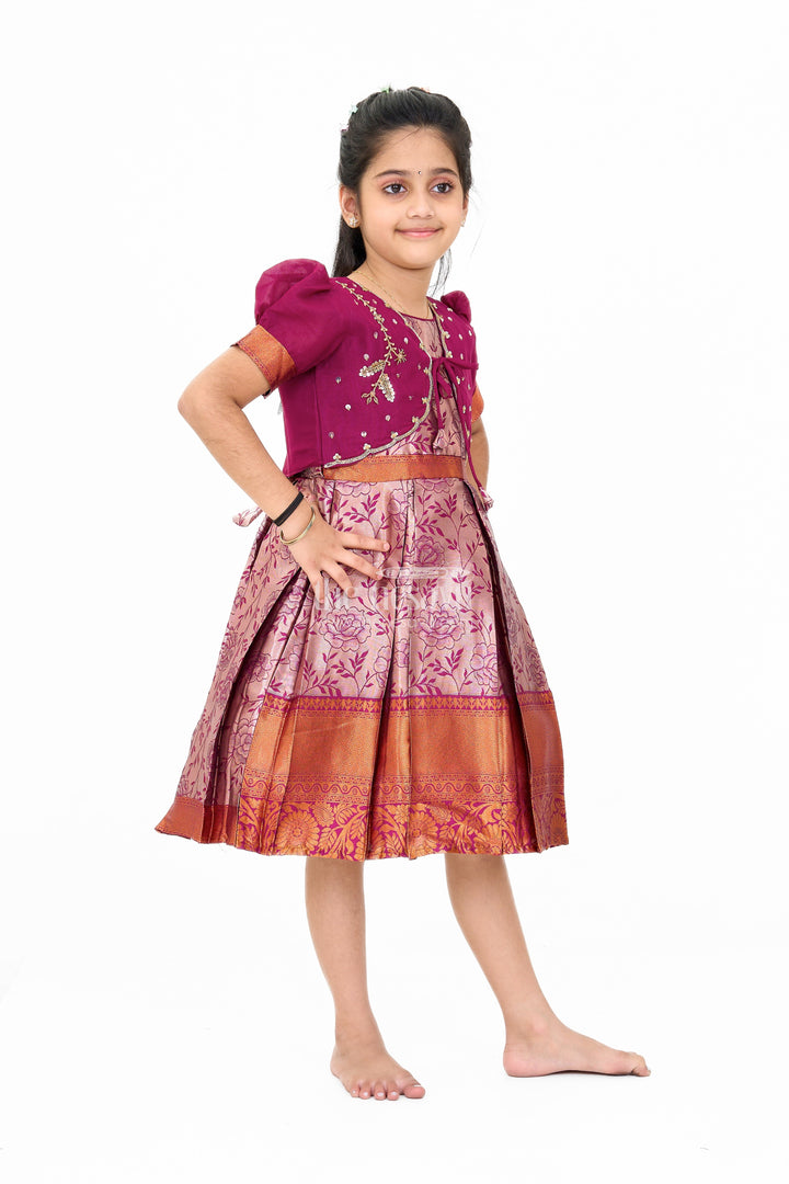 The Nesavu Silk Party Frock Girls Silk Party Frock with Floral Motif and Contrast Shrug for a Regal Look Nesavu Girls Frock Model Silk Floral Motif Embellished Shrug Nesavu