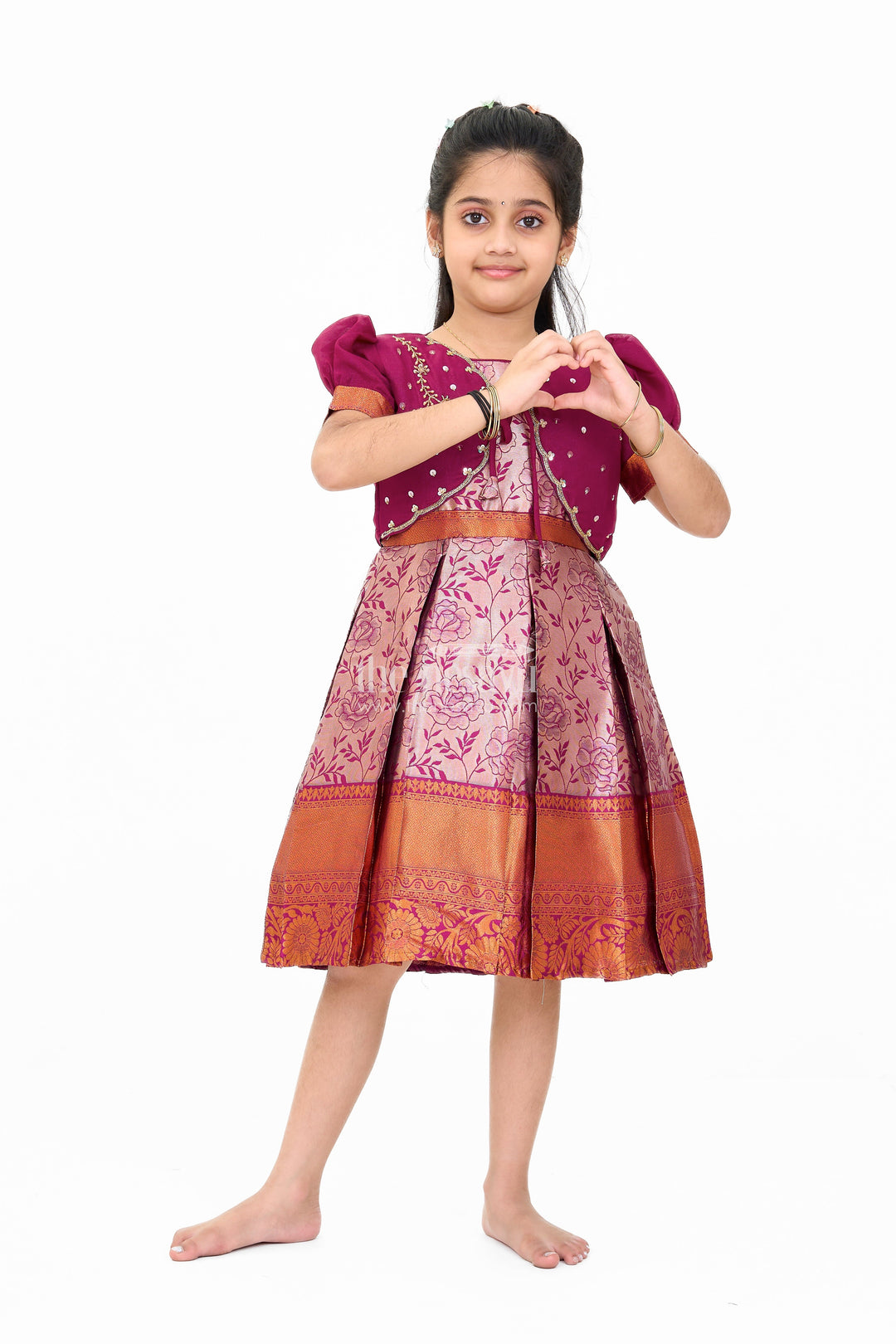 The Nesavu Silk Party Frock Girls Silk Party Frock with Floral Motif and Contrast Shrug for a Regal Look Nesavu Girls Frock Model Silk Floral Motif Embellished Shrug Nesavu