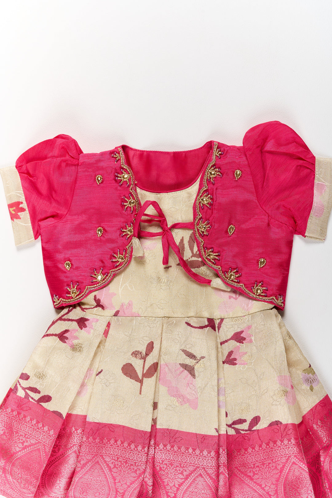 The Nesavu Silk Party Frock Girls Silk Party Frock with Puff Sleeves and Embroidered Jacket in Pink and Cream Nesavu Nesavu Girls Silk Party Frock Puff Sleeves Embroidered Jacket Pink Cream