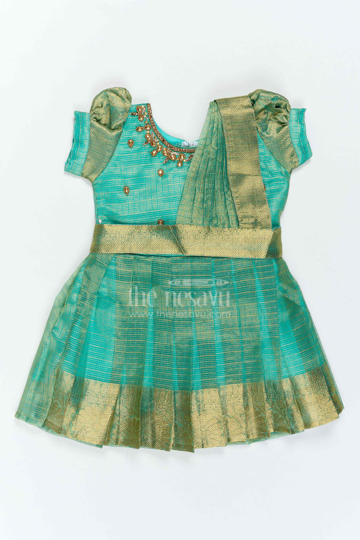 The Nesavu Silk Party Frock Girls Silk Party Frock with Statement Border for Family Functions Nesavu 18 (2Y) / Green / Silk Blend SF1220B-18 Nesavu Girls Silk Party Frock With Statement Border For Weddings SF1220B-18