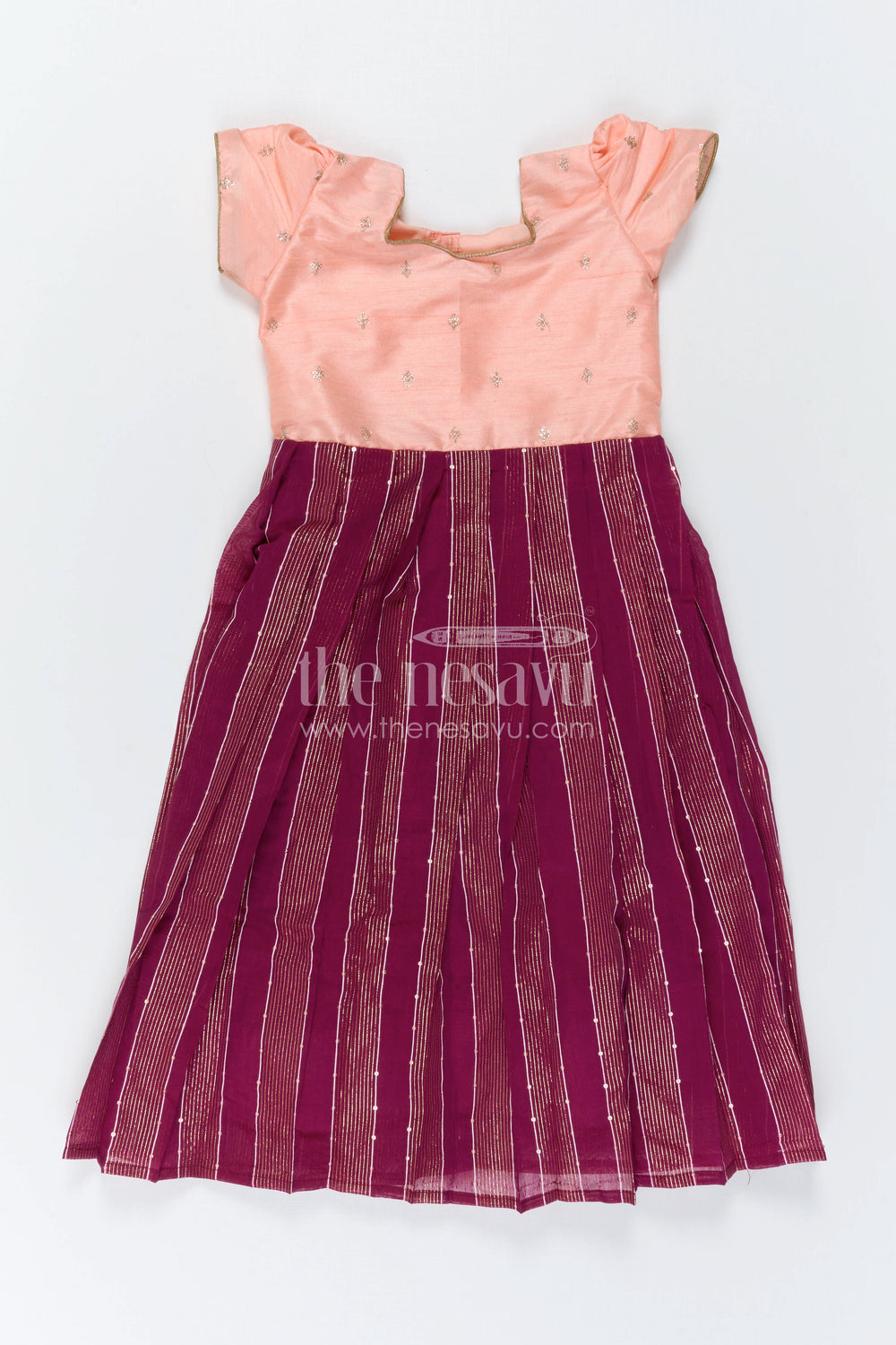 The Nesavu Girls Silk Gown Girls Silk Party Gown for Festive Birthdays and Celebrations Nesavu 16 (1Y) / Peach / Silk Blend GA394A-16 Nesavu Girls Silk Party Gown For Festive Birthdays With Sequence Embroidery And Flared Styling