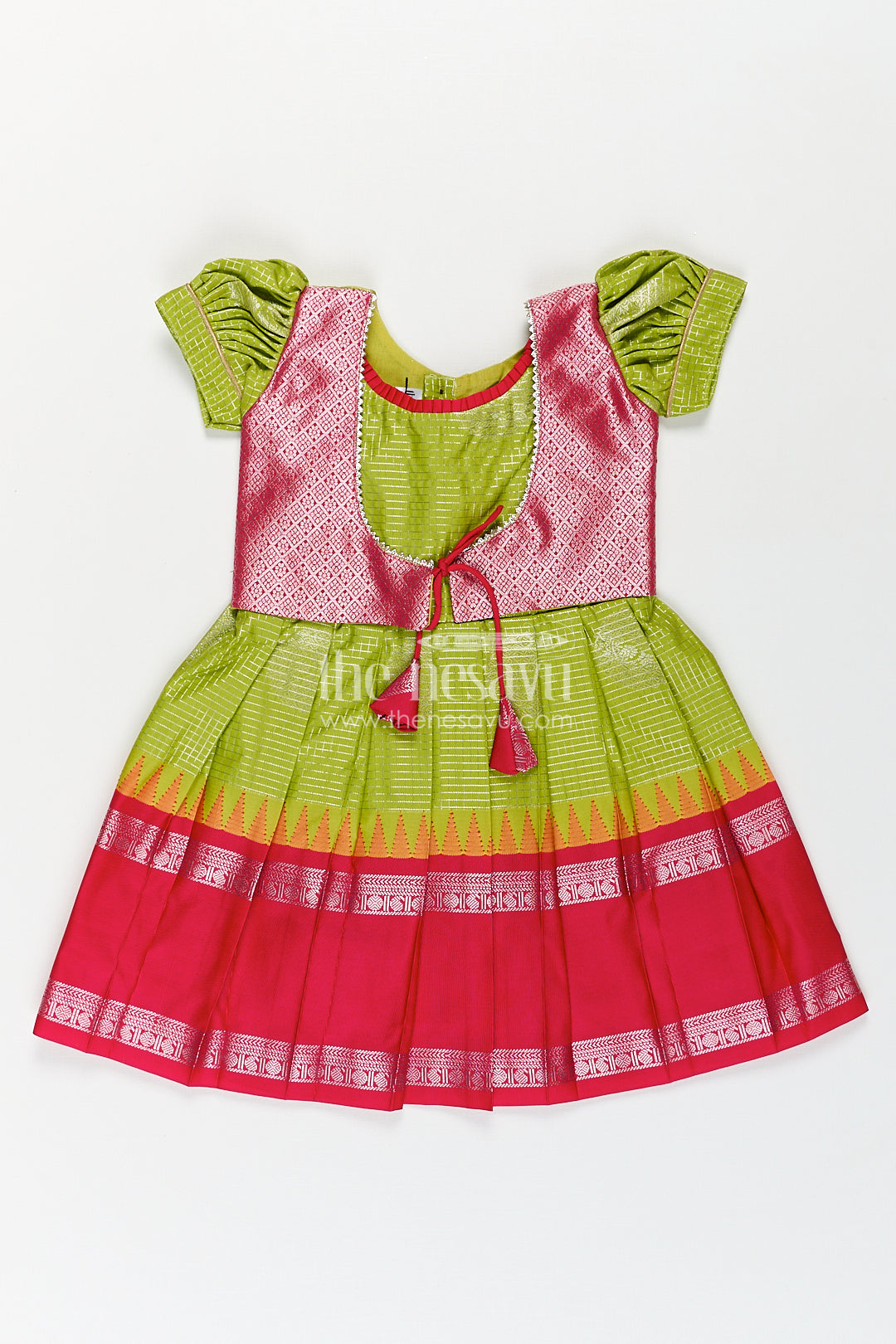 The Nesavu Silk Frock Girls Silk Plain Frock Design in Semi Kanchivaram with Green and Pink Zari Border and Puff Sleeves Nesavu 14 (6M) / Green / Style 1 SF857CA-14 Nesavu Girls Silk Plain Frock Design Semi Kanchivaram Pink Zari Border Green Puff Sleeves