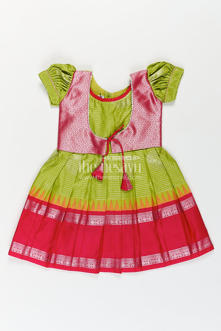 The Nesavu Silk Frock Girls Silk Plain Frock Design in Semi Kanchivaram with Green and Pink Zari Border and Puff Sleeves Nesavu 14 (6M) / Green / Style 1 SF857CA-14 Nesavu Girls Silk Plain Frock Design Semi Kanchivaram Pink Zari Border Green Puff Sleeves