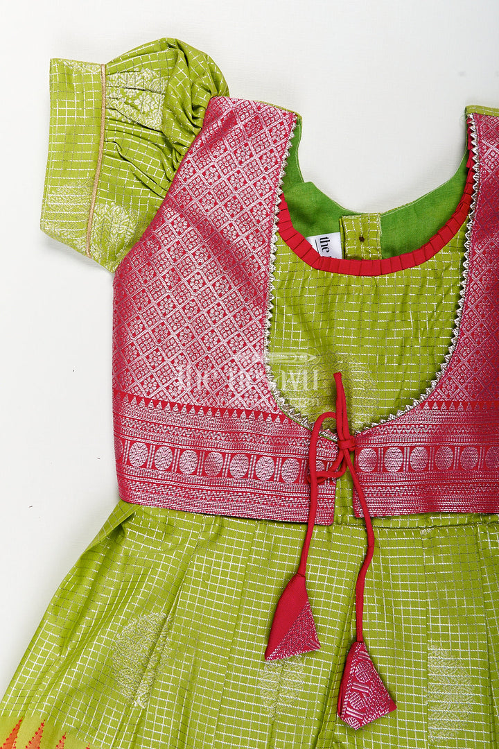 The Nesavu Silk Frock Girls Silk Plain Frock Design in Semi Kanchivaram with Green and Pink Zari Border and Puff Sleeves Nesavu Nesavu Girls Silk Plain Frock Design Semi Kanchivaram Pink Zari Border Green Puff Sleeves