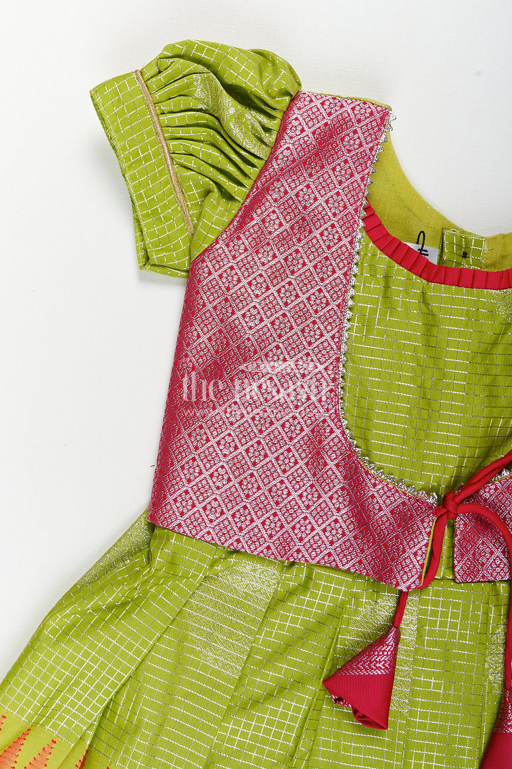 The Nesavu Silk Frock Girls Silk Plain Frock Design in Semi Kanchivaram with Green and Pink Zari Border and Puff Sleeves Nesavu Nesavu Girls Silk Plain Frock Design Semi Kanchivaram Pink Zari Border Green Puff Sleeves