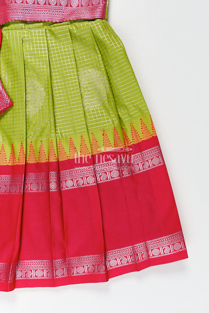 The Nesavu Silk Frock Girls Silk Plain Frock Design in Semi Kanchivaram with Green and Pink Zari Border and Puff Sleeves Nesavu Nesavu Girls Silk Plain Frock Design Semi Kanchivaram Pink Zari Border Green Puff Sleeves