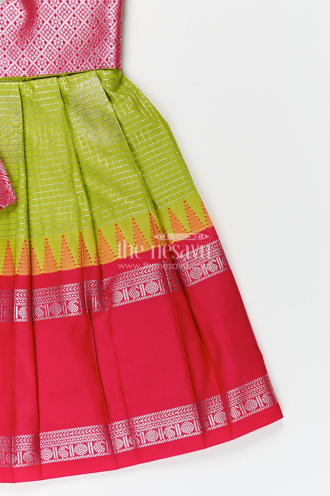 The Nesavu Silk Frock Girls Silk Plain Frock Design in Semi Kanchivaram with Green and Pink Zari Border and Puff Sleeves Nesavu Nesavu Girls Silk Plain Frock Design Semi Kanchivaram Pink Zari Border Green Puff Sleeves