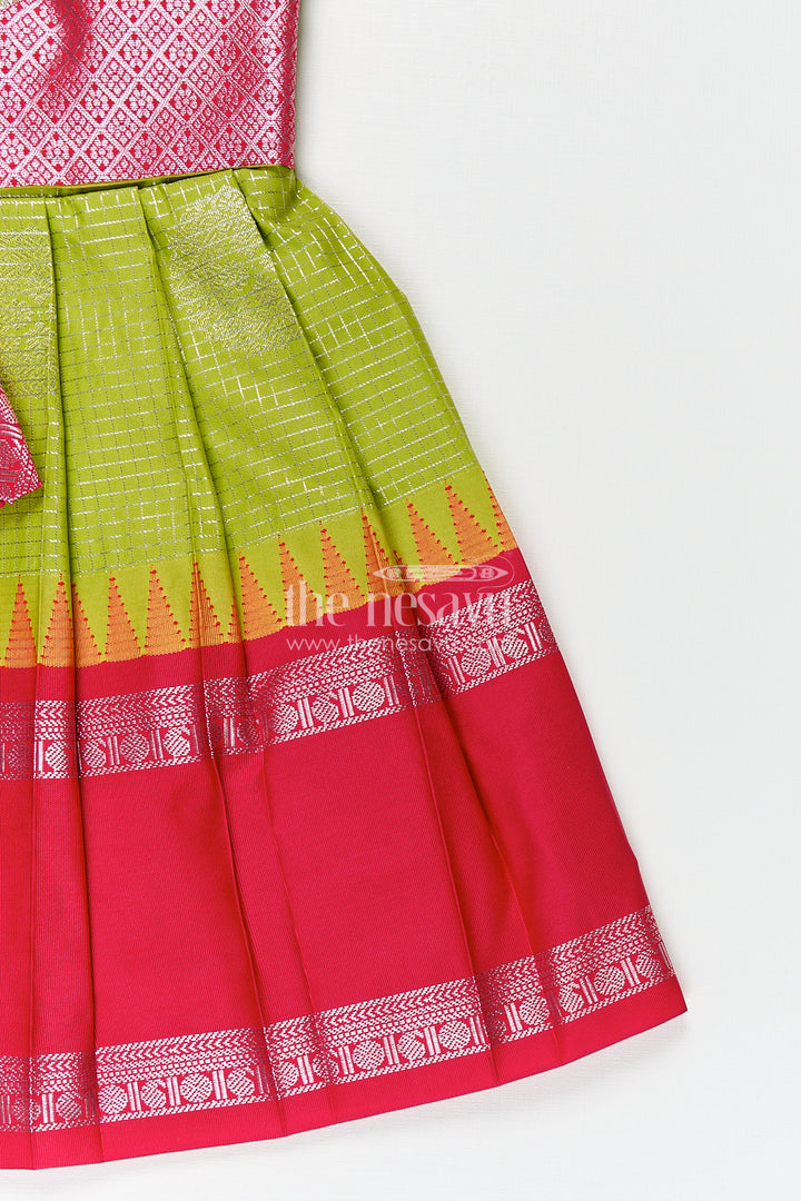 The Nesavu Silk Frock Girls Silk Plain Frock Design in Semi Kanchivaram with Green and Pink Zari Border and Puff Sleeves Nesavu Nesavu Girls Silk Plain Frock Design Semi Kanchivaram Pink Zari Border Green Puff Sleeves