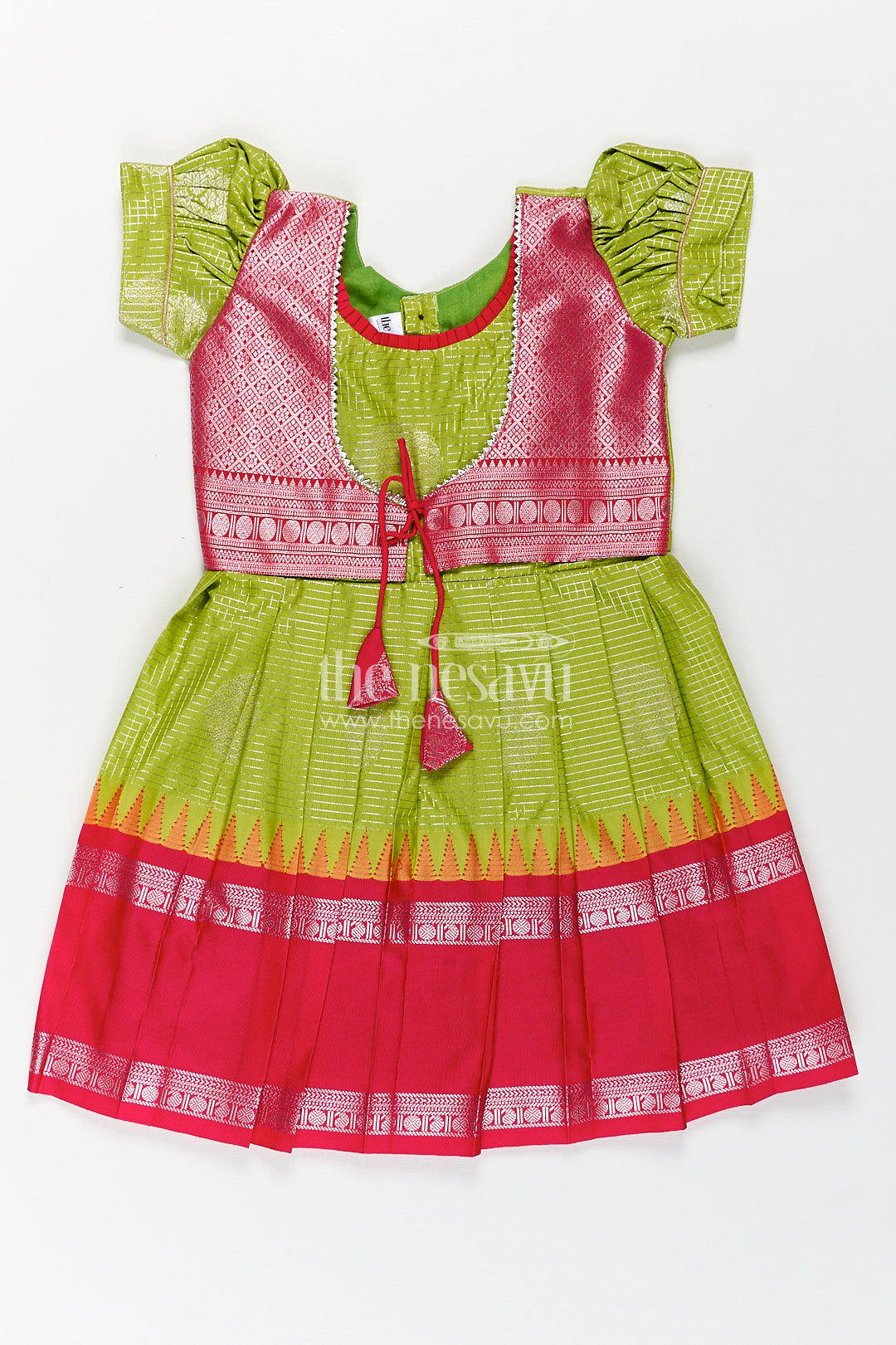 The Nesavu Silk Frock Girls Silk Plain Frock Design in Semi Kanchivaram with Green and Pink Zari Border and Puff Sleeves Nesavu Nesavu Girls Silk Plain Frock Design Semi Kanchivaram Pink Zari Border Green Puff Sleeves