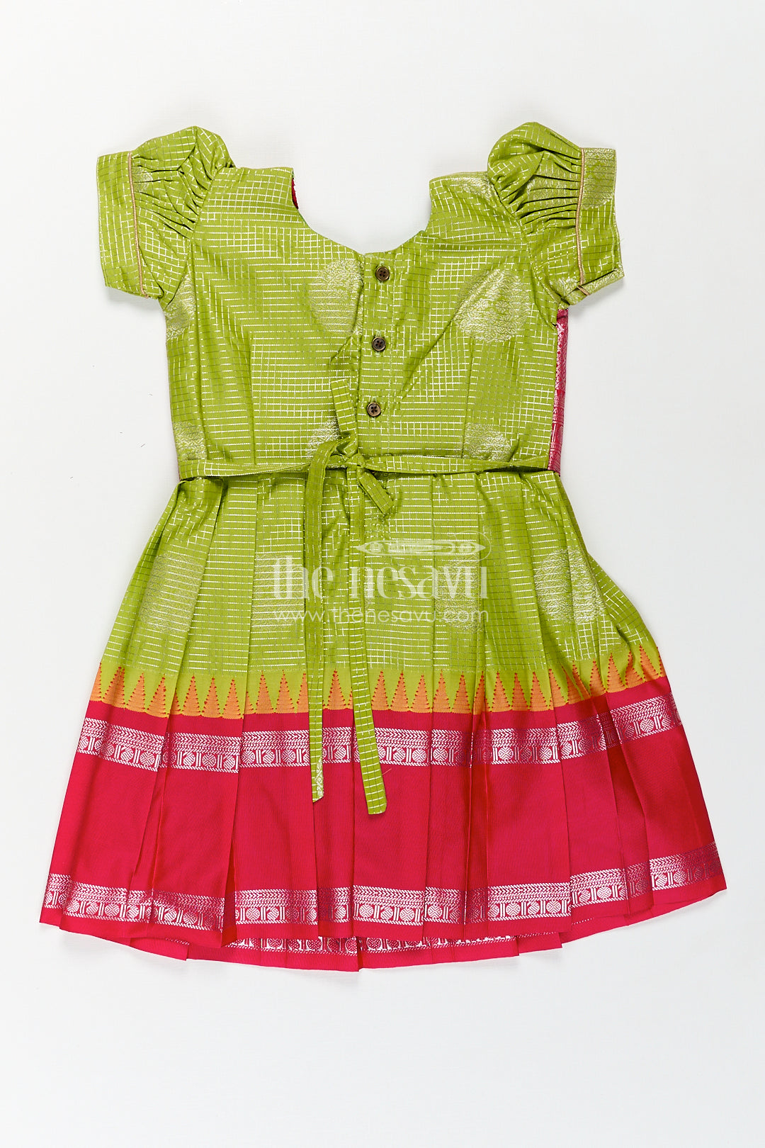 The Nesavu Silk Frock Girls Silk Plain Frock Design in Semi Kanchivaram with Green and Pink Zari Border and Puff Sleeves Nesavu Nesavu Girls Silk Plain Frock Design Semi Kanchivaram Pink Zari Border Green Puff Sleeves