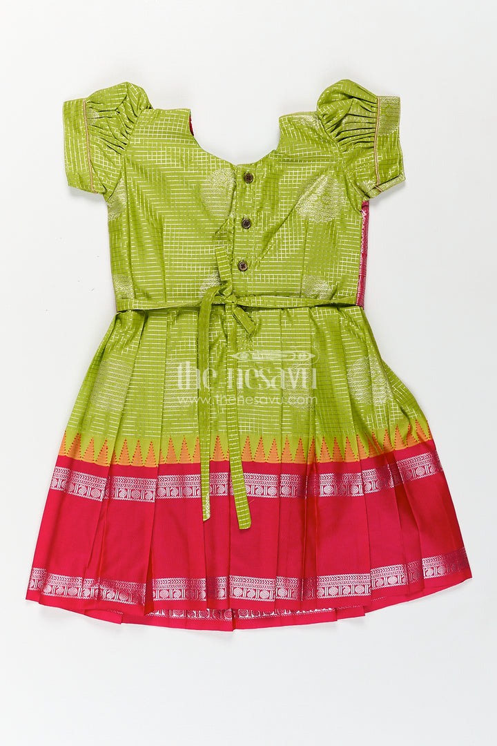 The Nesavu Silk Frock Girls Silk Plain Frock Design in Semi Kanchivaram with Green and Pink Zari Border and Puff Sleeves Nesavu Nesavu Girls Silk Plain Frock Design Semi Kanchivaram Pink Zari Border Green Puff Sleeves