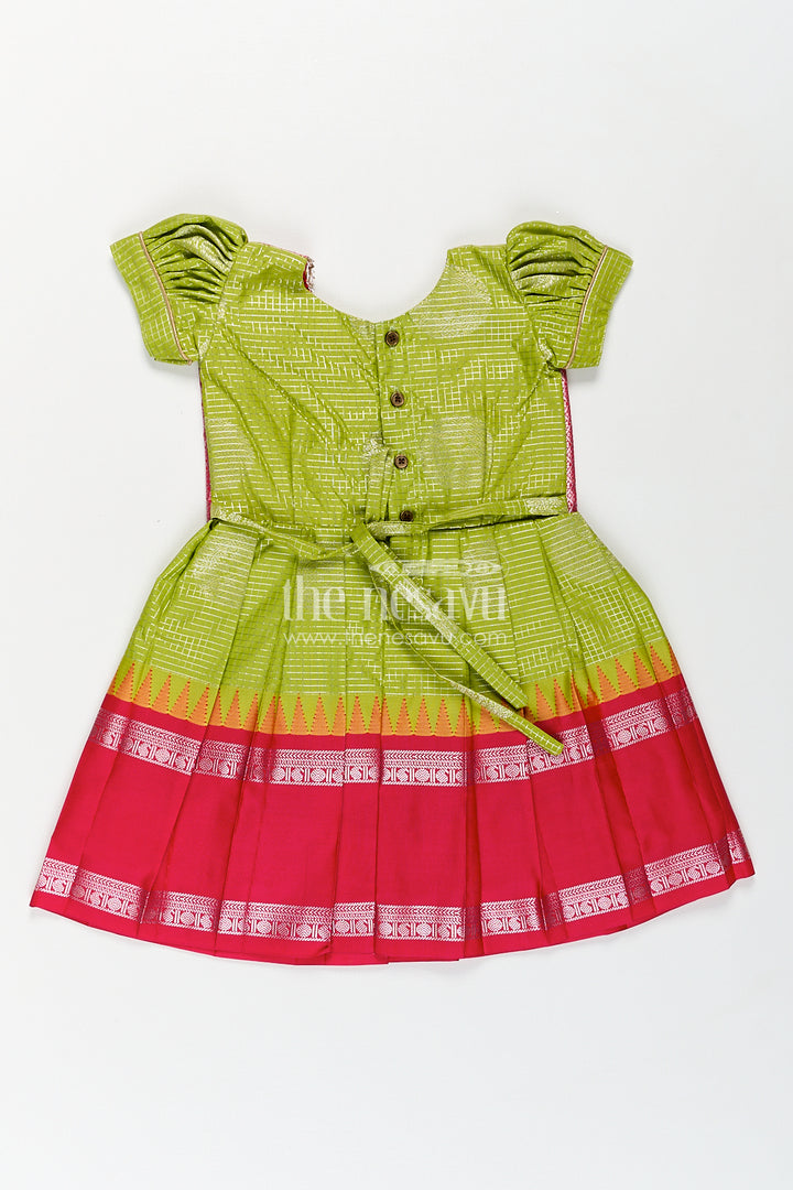 The Nesavu Silk Frock Girls Silk Plain Frock Design in Semi Kanchivaram with Green and Pink Zari Border and Puff Sleeves Nesavu Nesavu Girls Silk Plain Frock Design Semi Kanchivaram Pink Zari Border Green Puff Sleeves