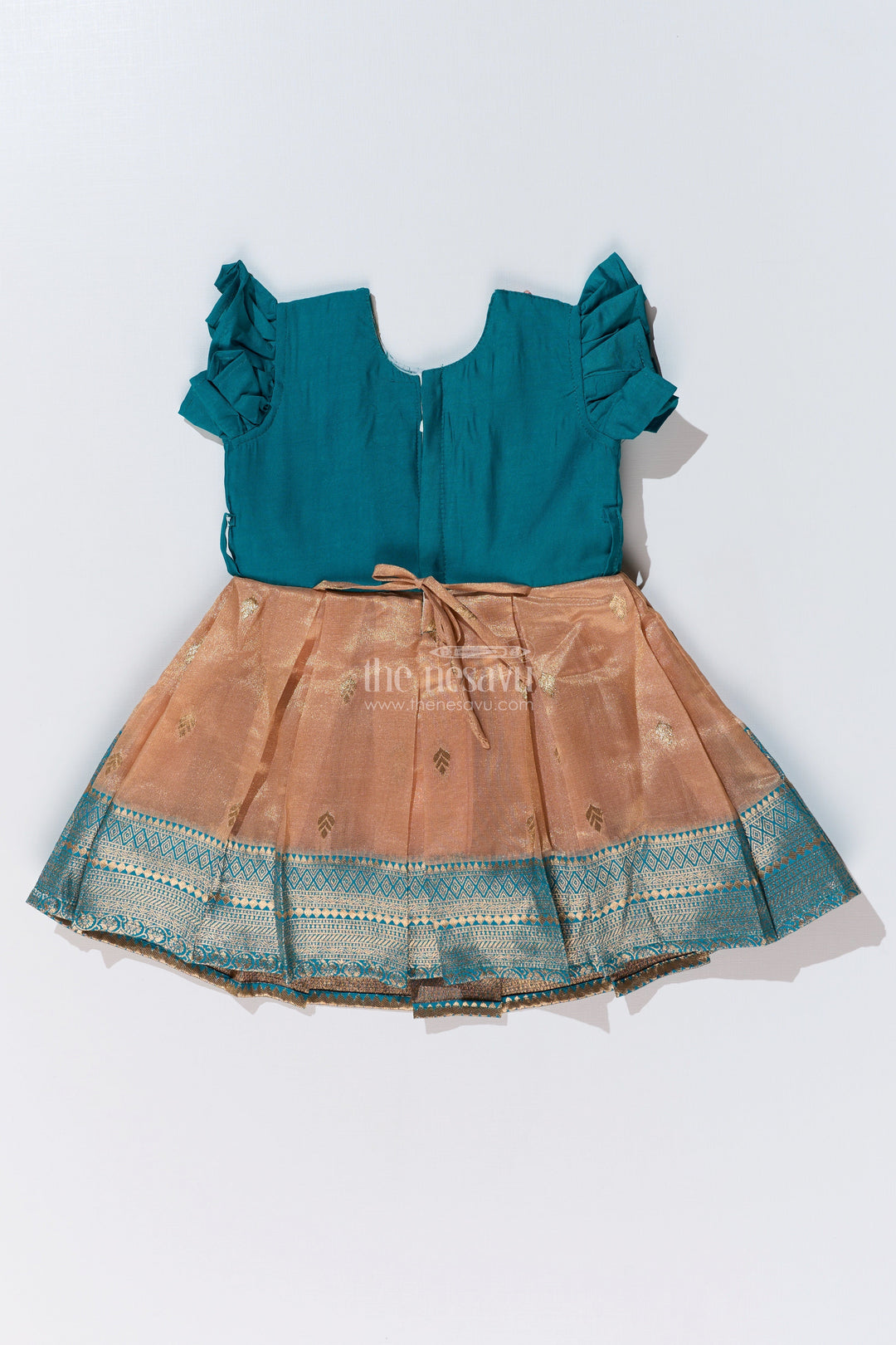 The Nesavu Silk Party Frock Girls Silk Saree To Frock with Traditional Zari Borders in Teal and Peach Nesavu Girls Silk Saree to Frock Teal Peach Zari Border Design | The Nesavu