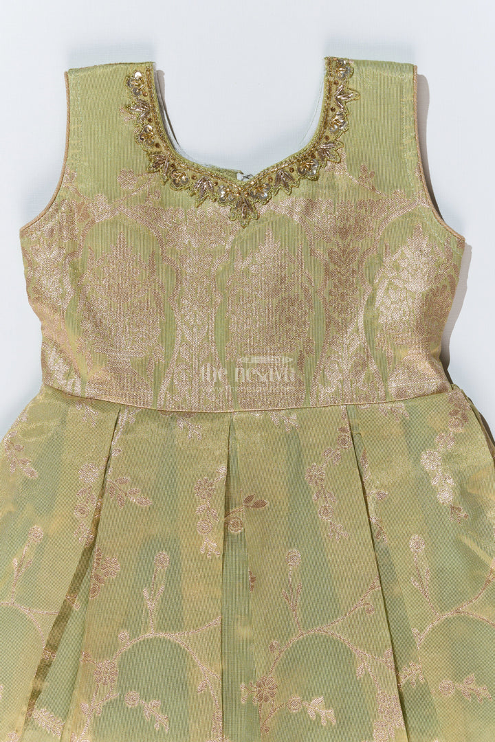 The Nesavu Silk Party Frock Girls Silk Short Frock with Embroidered Neckline and Pleated Skirt for Party Wear Nesavu Nesavu Girls Silk Short Frock Pleated Skirt Embroidered Neckline Party Wear
