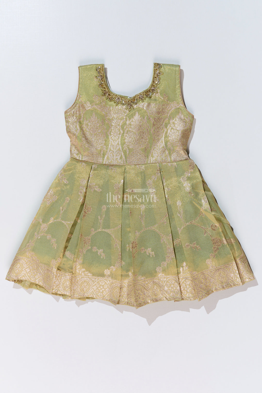 The Nesavu Silk Party Frock Girls Silk Short Frock with Embroidered Neckline and Pleated Skirt for Party Wear Nesavu Nesavu Girls Silk Short Frock Pleated Skirt Embroidered Neckline Party Wear