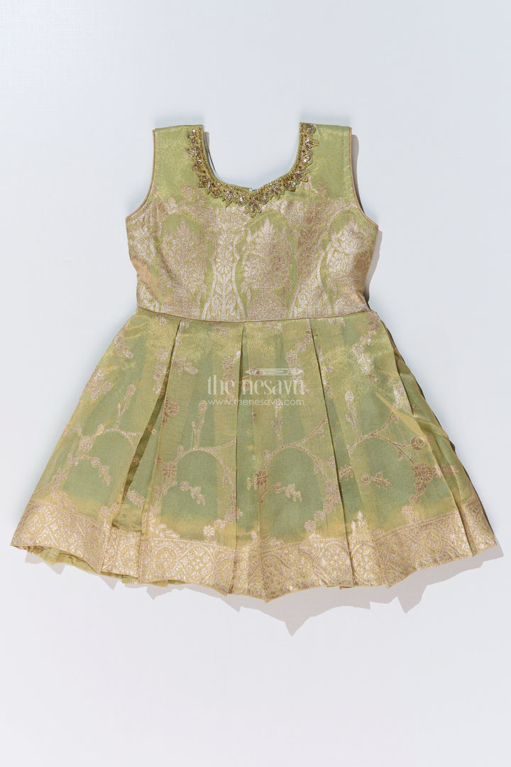 The Nesavu Silk Party Frock Girls Silk Short Frock with Embroidered Neckline and Pleated Skirt for Party Wear Nesavu Nesavu Girls Silk Short Frock Pleated Skirt Embroidered Neckline Party Wear