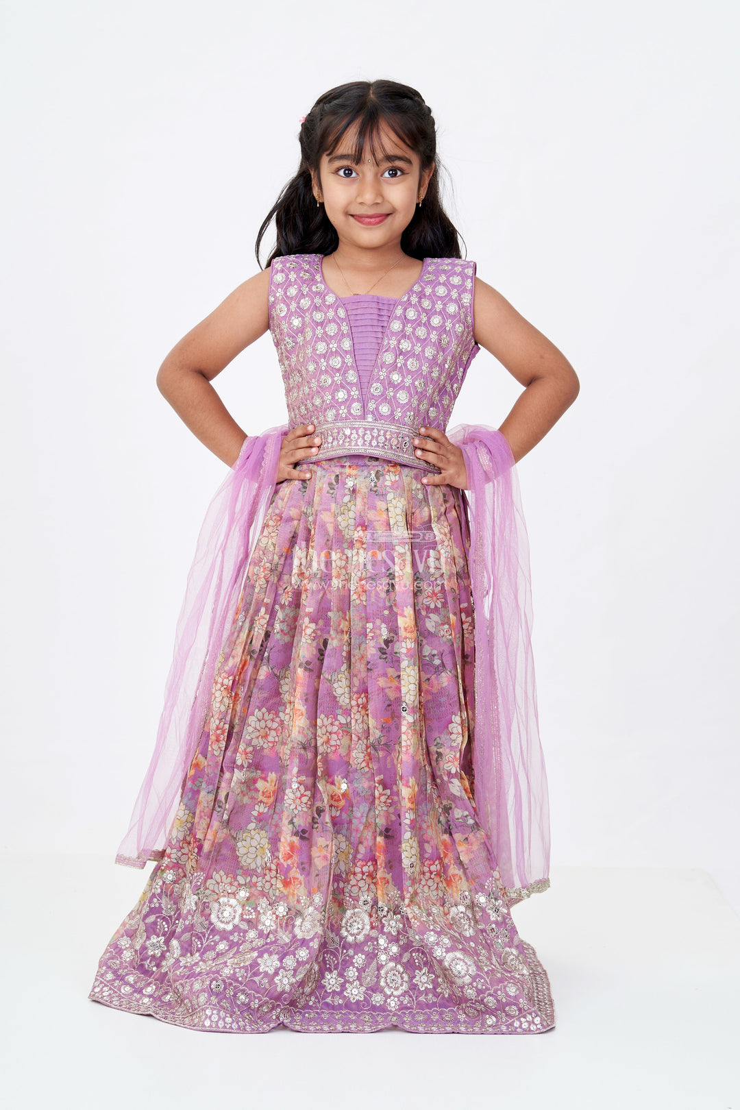 The Nesavu Girls Lehenga Choli Girls Simple Lehenga for Reception in Lavender with Floral Digital Prints and Mirror Work Nesavu 24 (5Y) / Purple GL578A-24 Nesavu Girls Digital Floral Simple Lehenga Reception Mirror Work Choli