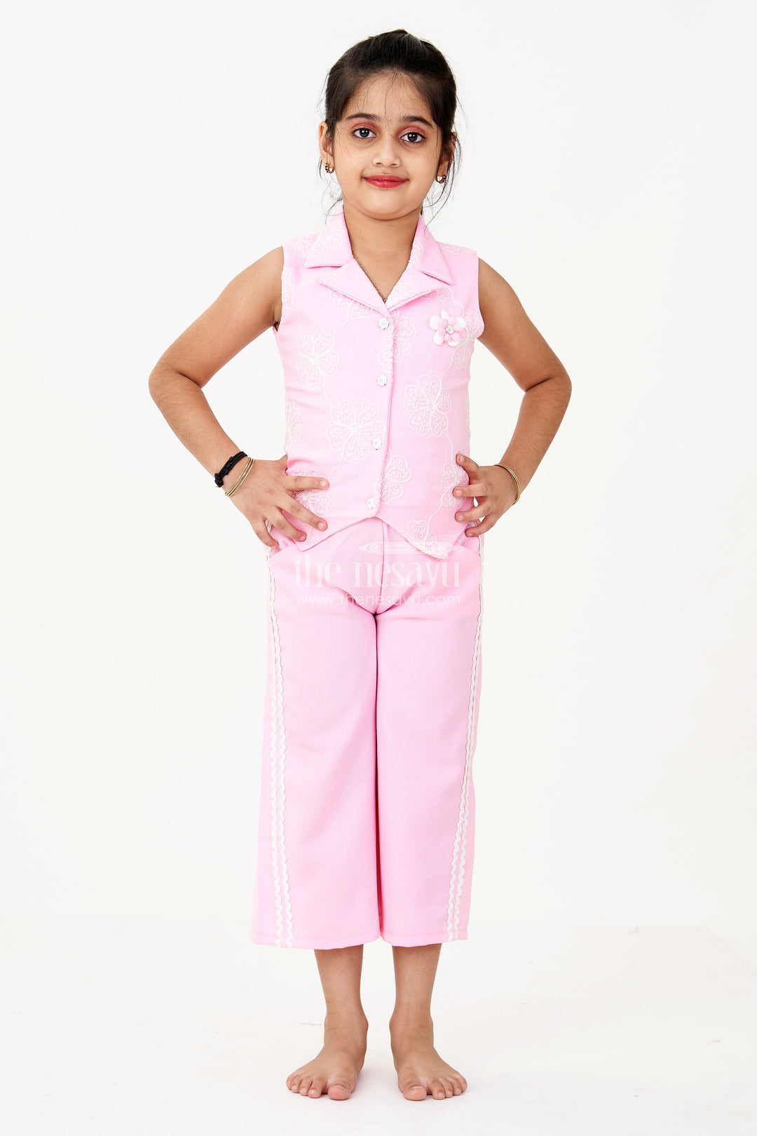The Nesavu Girls Casual Set Girls Simple Sharara in Pink with Embroidered Collared Jacket and Flared Pants Nesavu 18 (2Y) / Pink GPS513A-18 Nesavu Girls Pink Simple Sharara Embroidered Jacket Lace Detailed Pants