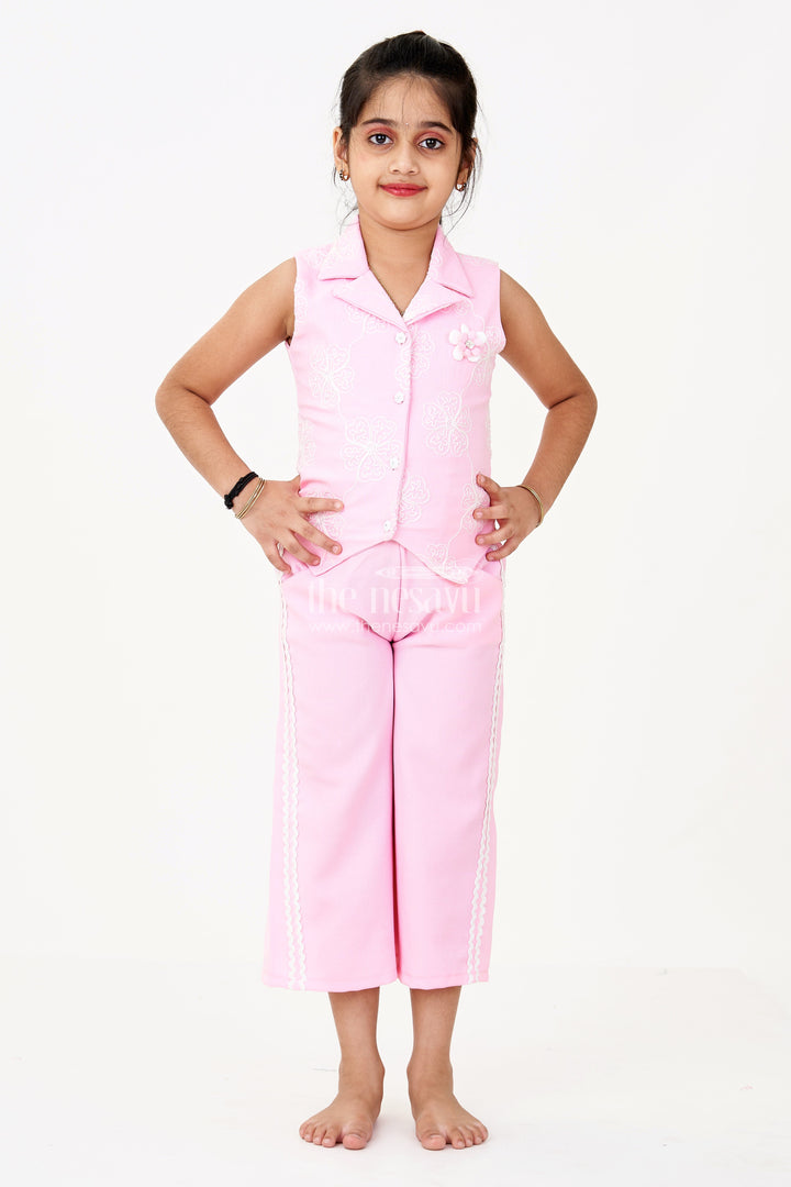 The Nesavu Girls Casual Set Girls Simple Sharara in Pink with Embroidered Collared Jacket and Flared Pants Nesavu 18 (2Y) / Pink GPS513A-18 Nesavu Girls Pink Simple Sharara Embroidered Jacket Lace Detailed Pants