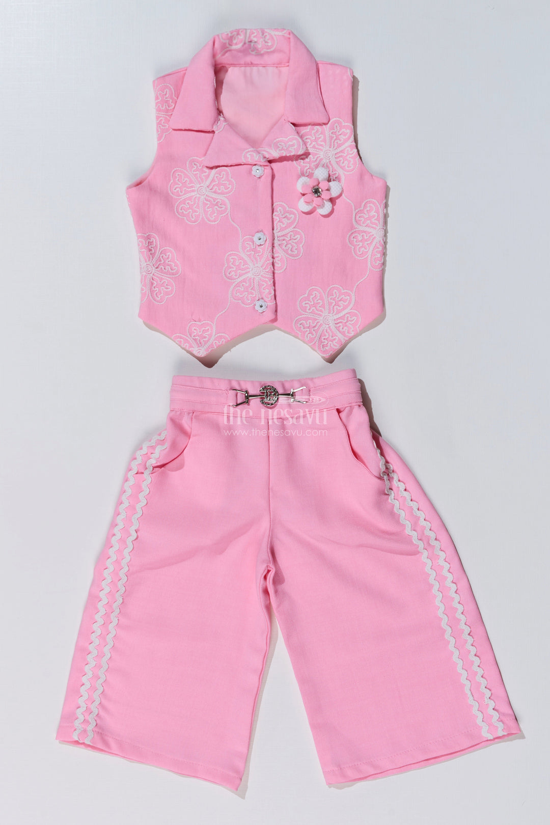The Nesavu Girls Casual Set Girls Simple Sharara in Pink with Embroidered Collared Jacket and Flared Pants Nesavu Nesavu Girls Pink Simple Sharara Embroidered Jacket Lace Detailed Pants