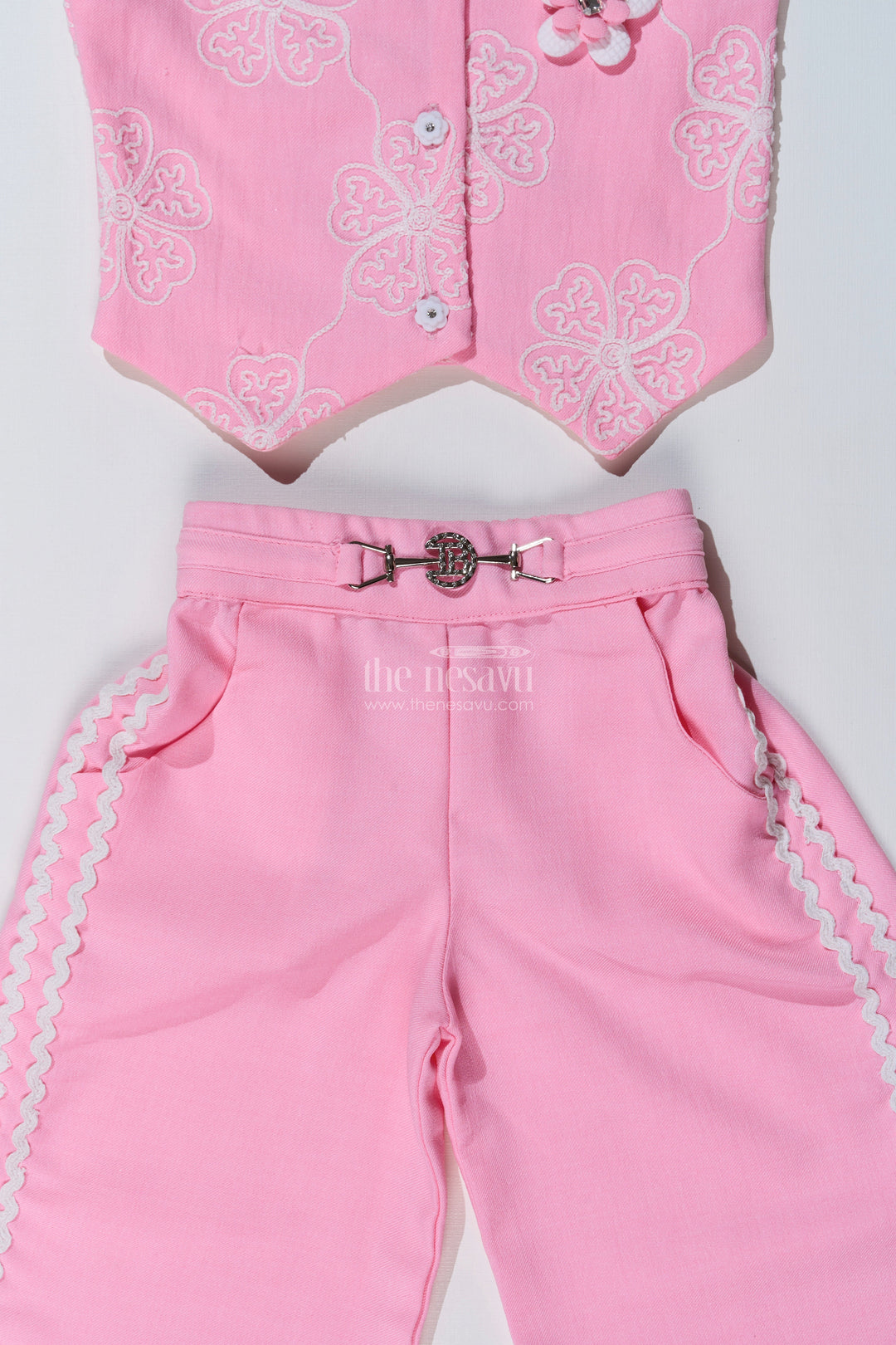 The Nesavu Girls Casual Set Girls Simple Sharara in Pink with Embroidered Collared Jacket and Flared Pants Nesavu Nesavu Girls Pink Simple Sharara Embroidered Jacket Lace Detailed Pants