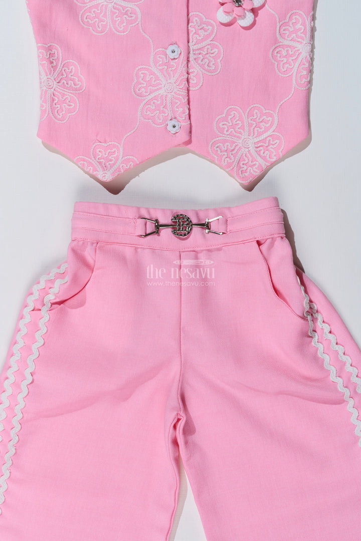 The Nesavu Girls Casual Set Girls Simple Sharara in Pink with Embroidered Collared Jacket and Flared Pants Nesavu Nesavu Girls Pink Simple Sharara Embroidered Jacket Lace Detailed Pants