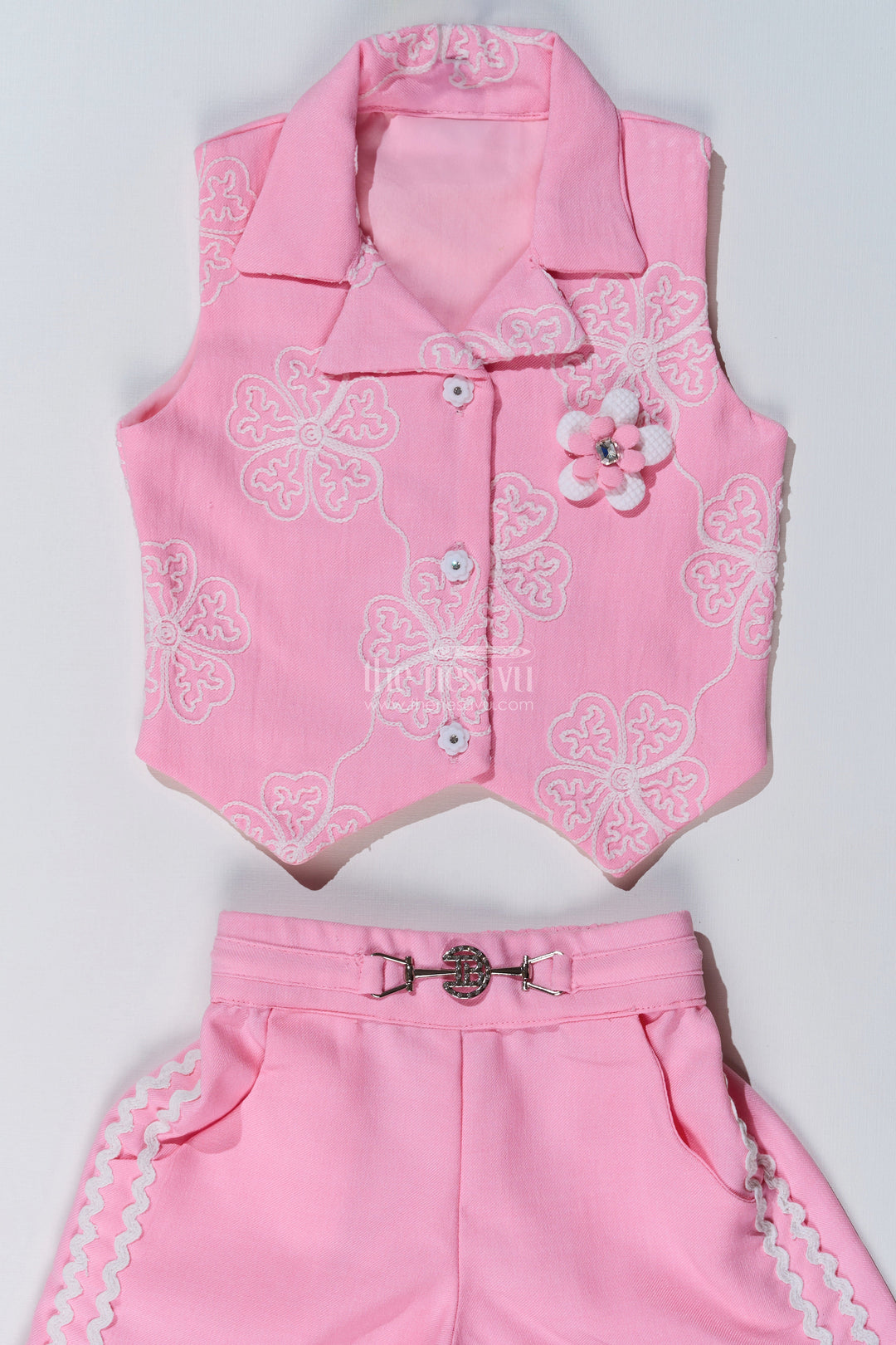 The Nesavu Girls Casual Set Girls Simple Sharara in Pink with Embroidered Collared Jacket and Flared Pants Nesavu Nesavu Girls Pink Simple Sharara Embroidered Jacket Lace Detailed Pants