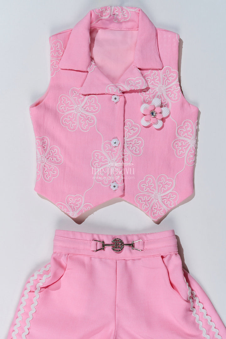The Nesavu Girls Casual Set Girls Simple Sharara in Pink with Embroidered Collared Jacket and Flared Pants Nesavu Nesavu Girls Pink Simple Sharara Embroidered Jacket Lace Detailed Pants